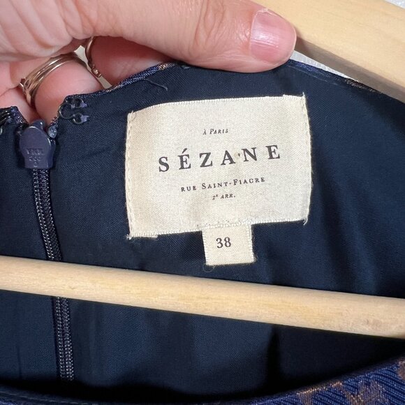 Sezane Auberie Babydoll Dress Size 38 US 6 Blue Gold Ruffle Leopard Drop Waist - Picture 4 of 11